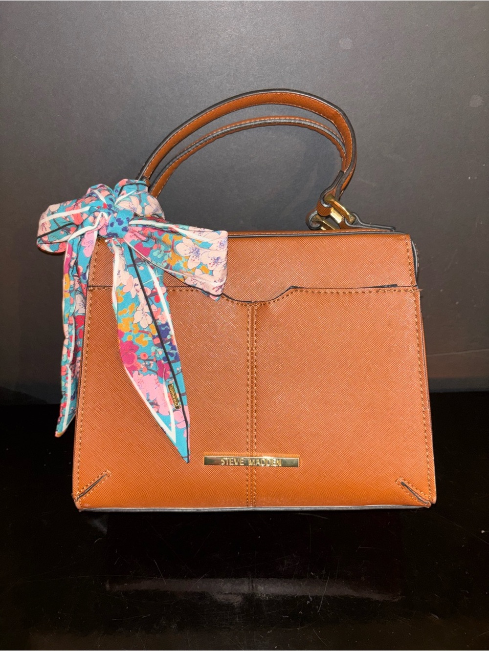 Steve Madden Cognac Brown Top Handle Satchel Crossbody Bag Floral Scarf Purse